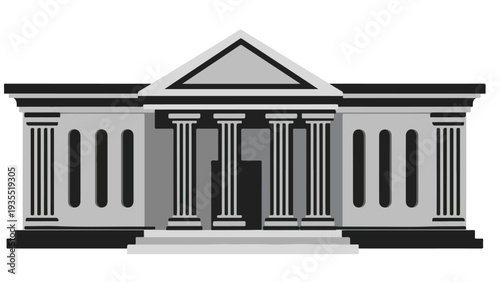 Illustration of a classic building with columns and a triangular pediment on a white background