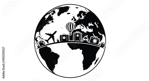 A black and white illustration of earth with travel icons around its equator