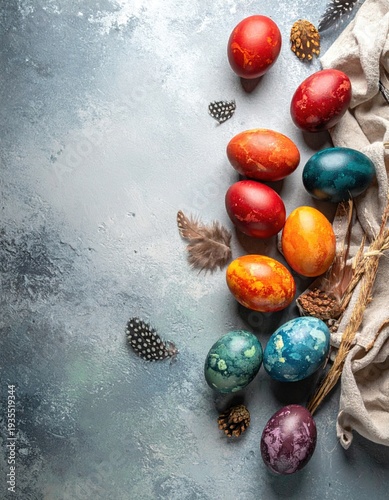 Flat lay view of colorful easter eggs on right background. Decorated eggs painted for easter holidays