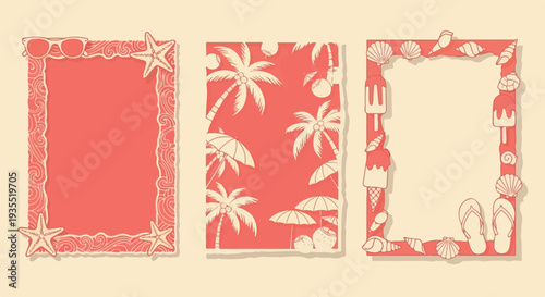 A set of three decorative vertical frames in a coral and cream duo-tone style, featuring beach elements like coconut palms, starfish, sea shells, and flip-flops for summer event stationery.