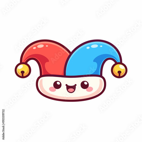A cartoon jester's head with a red and blue hat