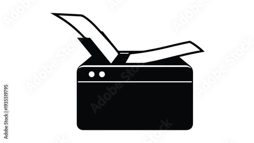 A black and white illustration of a printer with paper emerging from the top against a clean white background.