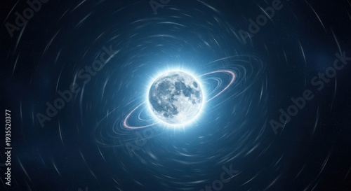 A mesmerizing view of a glowing moon surrounded by a swirling galaxy of stars.