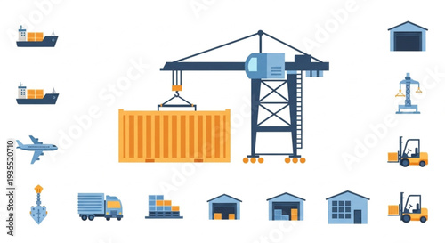 Shipping Crane Loading Container with Logistics Icons.