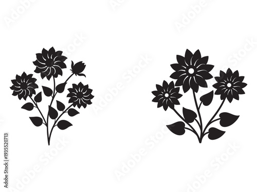 Black floral silhouettes of two flower stems with leaves and blossoms on white background  simple botanical illustration