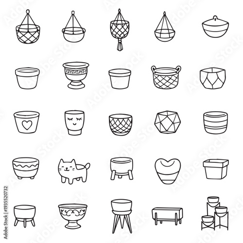 Black and white vector illustration of various decorative flower pots, including hanging and standing designs, featuring unique patterns and shapes. Ideal for gardening projects.