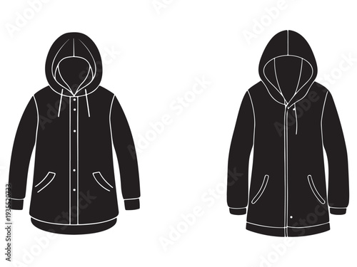 Black hooded jackets with buttons and zippers for fashion and clothing designs  front views  hoodies for men and women  casual wear