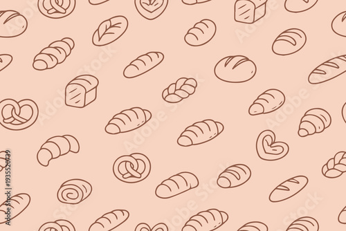 Seamless vector illustration featuring a pattern of various bread types, including croissants, baguettes, and pretzels on a soft background. Ideal for bakery-themed designs and culinary projects.