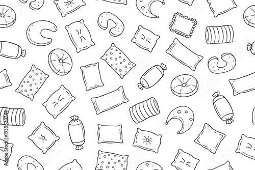 Detailed vector illustration of a seamless pattern featuring various pillow shapes, including round and crescent pillows, arranged artistically for textile design and decoration.