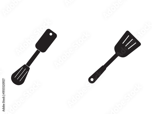 Black kitchen utensils on white background  two spatulas for cooking and serving food
