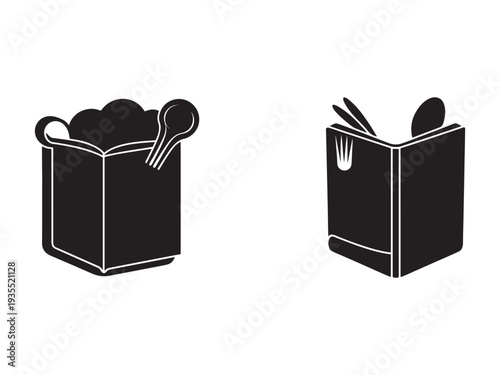 Black outlines of two takeout containers with cutlery on white background  food packaging illustration