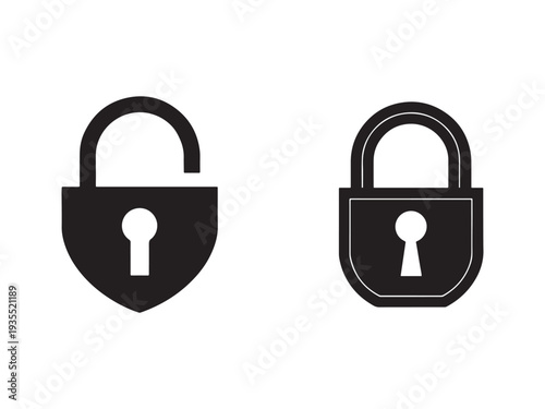 Black padlock and shield icons for security and protection concepts  isolated on white background