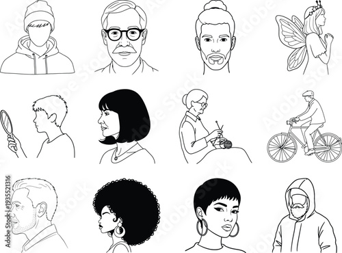 Black and white line of people in various poses and styles