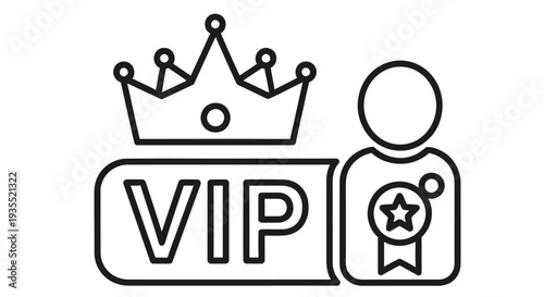 Simple black and white line drawing of a vip icon with a crown and person