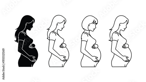 Four pregnant women in different line art styles with varying colors on a white background.