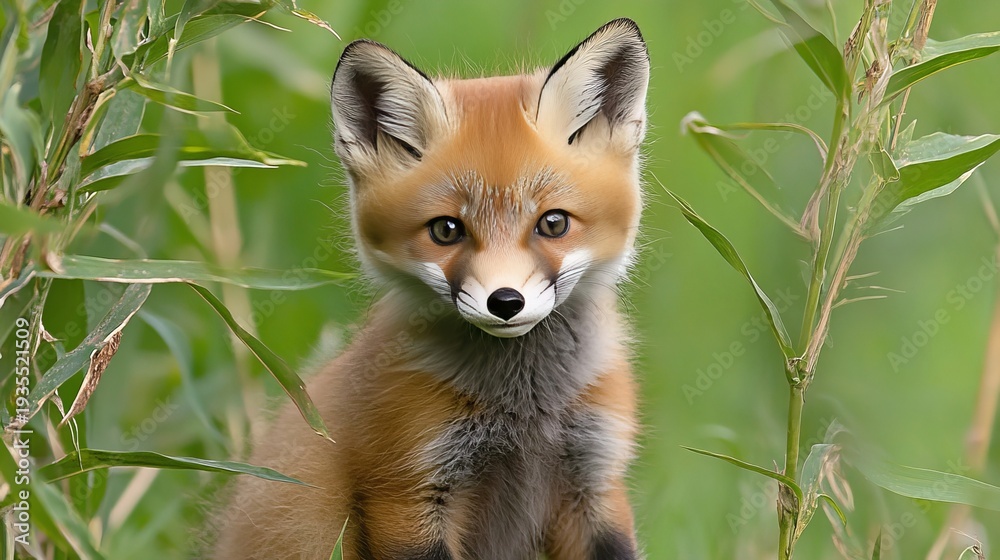 Naklejka premium Curious Young Red Fox Playfully Exploring a Lush Green Field Surrounded by Nature s Beauty