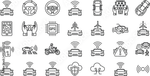 Smart autonomous car line icon set featuring self driving vehicle technology GPS navigation electric charging and wireless connectivity for automotive systems.