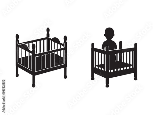 Black silhouette of empty and occupied baby crib with child  isolated on white background