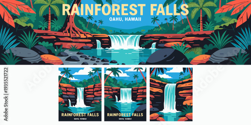 USA, US, U.S, United States - Set of Hawaiian Waterfall in Lush Rainforest Jungle – Ultra‑Wide Layered Flat Vector Illustration for Banner, Card, or Flyer | USA Tropical Nature Art