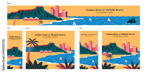USA, US, U.S, United States - Set of Waikiki Beach Skyline with Diamond Head at Golden Hour – Ultra‑Wide Flat Vector Design for Banner, Card, or Flyer | USA Hawaii Tropical Illustration