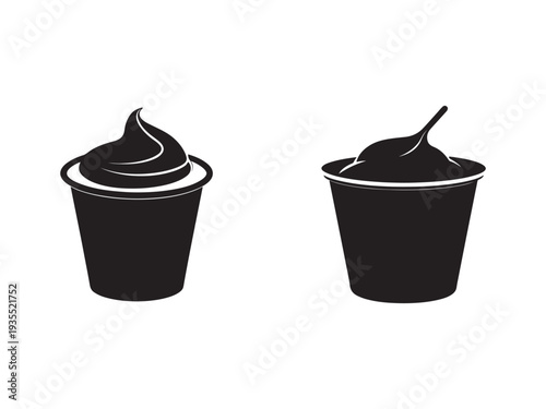 Black silhouette of two ice cream cups with swirled frozen yogurt on top isolated on white background