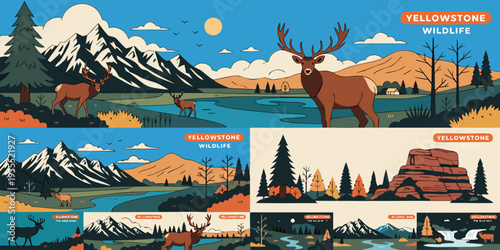 USA, US, U.S, United States - Set Yellowstone Wildlife Landscape with Elk and Mountains – Panoramic Flat Vector Design for Banner, Card, or Flyer | USA National Park Nature Illustration