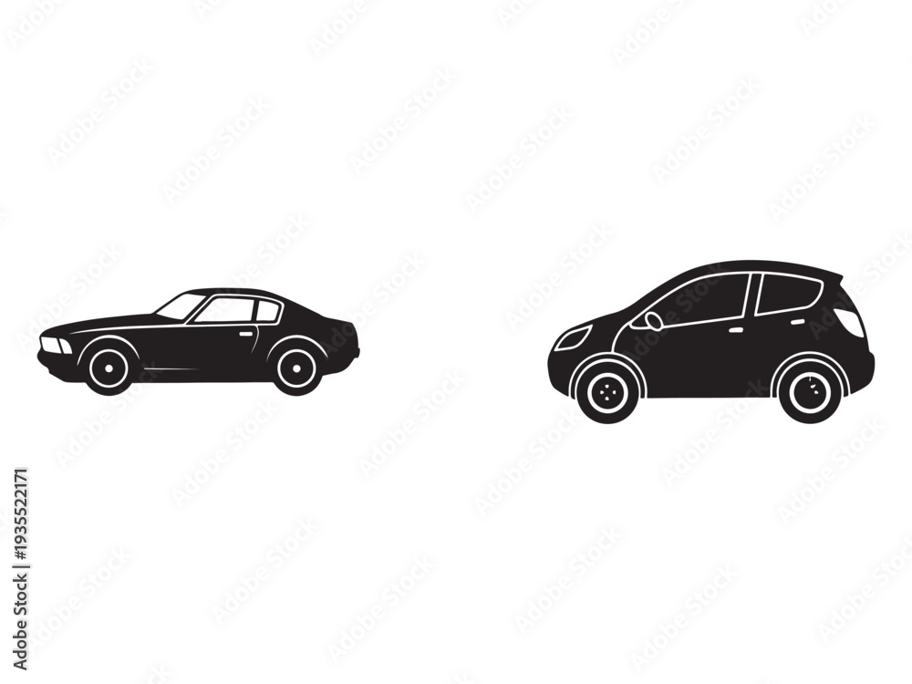 Fototapeta premium Black silhouettes of two cars side view on white background car silhouettes vehicle outlines