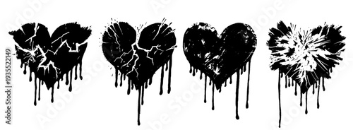 Set of broken heart gothic vector. Painted Graffiti Sign of hearts. Love symbol grunge romance emo and sticker icon. Art fashion shape black silhouette abstract art, grunge decoration cartoon.