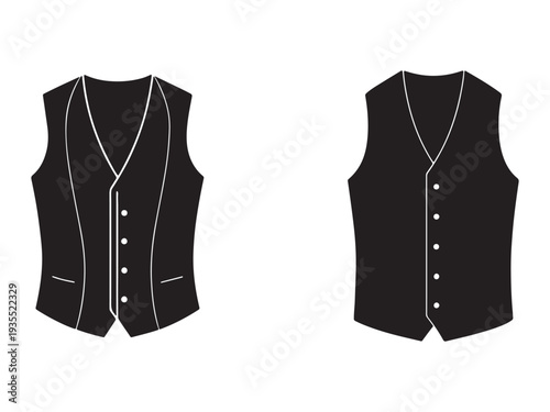 Black sleeveless waistcoats with white outlines and buttons  two vests side by side on plain white background