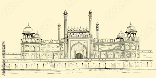 Detailed sketch of the jama masjid mosque in old delhi india