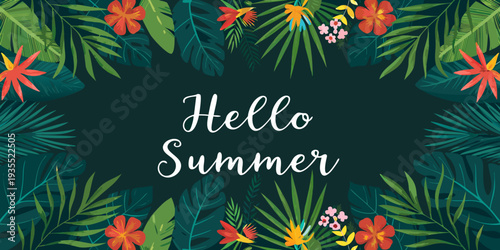 Tropical foliage and vibrant flowers frame a summery hello message