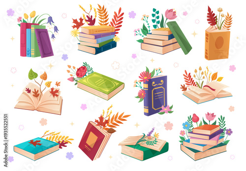 Open and closed books with spring flowers and blooming bouquet. Cartoon colorful stacks of paperbooks with blossoms for school library covers, education stickers and children literature designs.