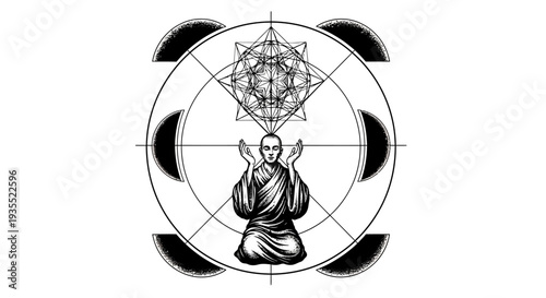 Zen Monk Meditating Under Sacred Geometry Mandala and Moon Phases