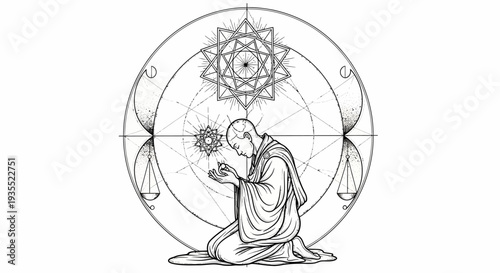 Zen Monk Meditating with Sacred Geometry Mandala