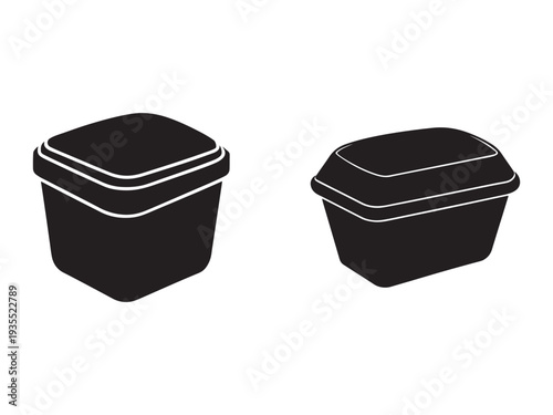 Black takeout containers with white trim and lids  isolated on white background