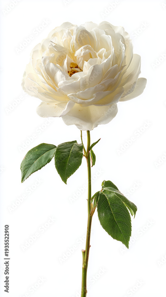 Fototapeta premium White rose flower with green leaves on a stem against white background 