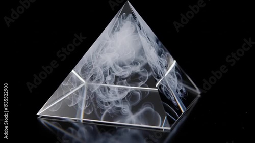Clear Glass Pyramid with Swirling White Smoke.