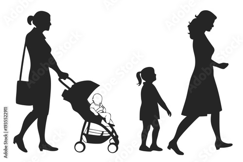 Set of Motherhood Silhouettes, Woman Walking with Baby Stroller and Mother with Young Child, Family Life and Parenting Concept Graphic