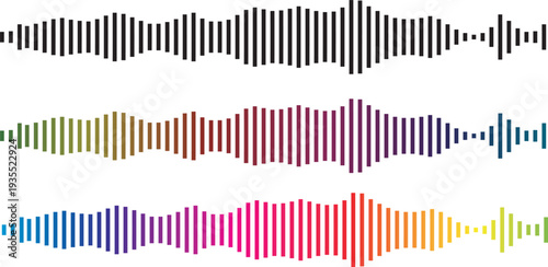 Abstract sound wave equalizer set, colorful and black audio waveform spectrum visualization bars isolated on white background for music technology design
