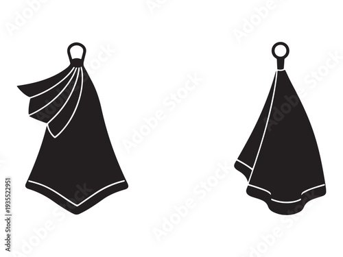 Black towels with white outlines hanging from a loop on a white background
