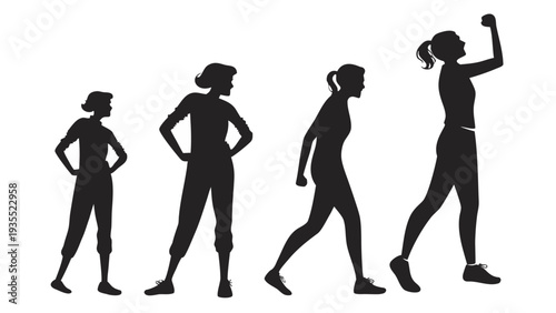 Set of Four Confident Women Silhouettes in Active Poses, Feminine Strength and Success Concept, Diverse Female Figures for Empowerment and Motivation
