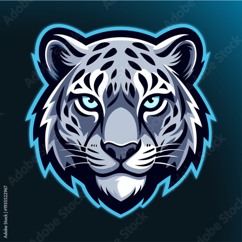 Snow Leopard Icon: An eye-level illustration showcases a snow leopard, highlighting its fierce gaze and majestic presence, encapsulated within a design element. 