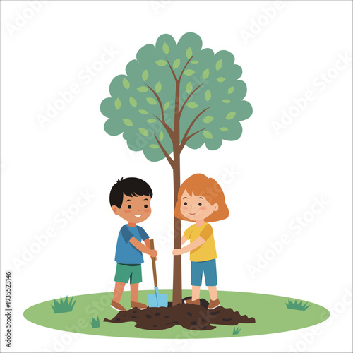 kids planting a young tree together on white background ecology and environment concept