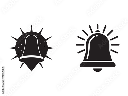 Blackandwhite icons of alarm bells with different designs on white background