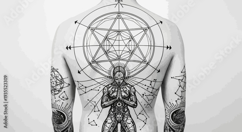 Man with Sacred Geometry Tattoo on Back and Arms