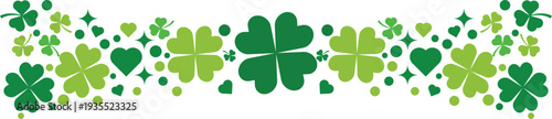 St Patrick Day Shamrock Clover Decorative Horizontal Border with Irish Lucky Leaf Hearts Festive Holiday Vector Illustration