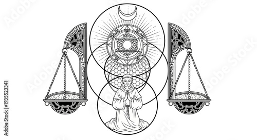 Esoteric Symbolism: Scales of Justice, Alchemy, Astrology, Moon, Stars, and Monk