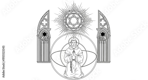 Religious Iconography: Monk Kneeling in Prayer with Sacred Symbols and Gothic Arches