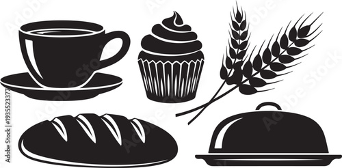 Bakery and coffee shop icons in black and white