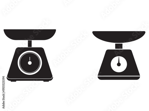 Blackandwhite illustration of two kitchen scales with dials on the front for measuring weight in cooking and baking